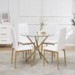 Round Glass Dining Set 5 Pieces Dining Table Chair for Home Kitchen Round Tripod Golden Legs Table with 4 PU Chairs, Contemporary Dining Room Furniture Set for Small Space, Green - Image 2
