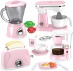 Shemira Play Kitchen Accessories, Play Kitchen Appliances Toy Set with Coffee Maker, Blender, Mixer, Toaster, Kids Kitchen Playset, Toys for 3 4 5 6 7 8 Year Old Girls, Birthday Gifts for Girls, Pink - Image 2