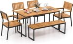 Tangkula 6 Pieces Outdoor Acacia Wood Dining Set, Patio Table and Chairs Set with Bench for 6-7 People, Outdoor Dining Furniture Set with 2" Umbrella Hole for Garden, Backyard and Poolside - Image 2