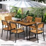 Tangkula 7 Piece Outdoor Dining Set for 6, Acacia Wood Rectangular Dining Table & 6 Armchairs w/Metal Frame, Umbrella Hole, Farmhouse Dining Furniture Set for Garden Porch Poolside Yard - Image 2