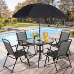 Vongrasig 6 Pieces Folding Patio Dining Set, All Weather Small Metal Outdoor Table and Chairs Set, Patio Furniture Set w/Umbrella, Glass Table & 4 Folding Chairs for Garden, Lawn, Backyard, Black - Image 2