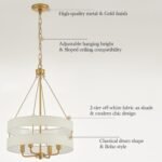 4-Light Rustic Drum Chandelier for Foyer, Gold Pendant Light Fixture with Fabric Shade, Modern Farmhouse Chandelier for Dining Room Entryway Bedroom - Image 5
