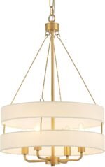 4-Light Rustic Drum Chandelier for Foyer, Gold Pendant Light Fixture with Fabric Shade, Modern Farmhouse Chandelier for Dining Room Entryway Bedroom - Image 9