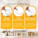 3-Piece Kit Attachments for KitchenAid Tilt-Head Stand Mixer, Accessories Stainless Steel K45WW Wire Whip, K45DH Dough Hook and K45B Coated Flat Blade Paddle with Scraper - Image 3
