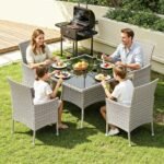 5-Piece Patio Dining Set, Patio Furniture Set with Square Tempered Glass Table & 4 Wicker Chairs, Expandable Design for Larger Groups, Outdoor Furniture for Backyard, Deck, Garden, Beige - Image 6