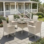 5-Piece Patio Dining Set, Patio Furniture Set with Square Tempered Glass Table & 4 Wicker Chairs, Expandable Design for Larger Groups, Outdoor Furniture for Backyard, Deck, Garden, Beige - Image 9