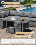 U-MAX 7 Pieces Patio Furniture Set, Outdoor Sectional Sofa Conversation Set, All Weather Wicker Rattan Dining Table & Chair with Ottoman, Grey Rattan&Grey Cushion - Image 6