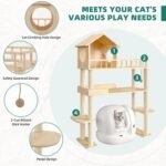 Wood Cat Tower for Automatic Litter Box, 60.2" H Tall Cat Tree for Self Cleaning Litter Box, Multi-Level Solid Wood Cat Tree Tower Cat Furniture w/Scratching Post, House, Burlywood - Image 4