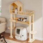 Wood Cat Tower for Automatic Litter Box, 60.2" H Tall Cat Tree for Self Cleaning Litter Box, Multi-Level Solid Wood Cat Tree Tower Cat Furniture w/Scratching Post, House, Burlywood - Image 8