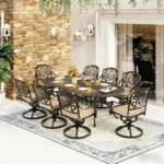9 Piece Outdoor Dining Set Cast Aluminum, Retro Patio Dining Furniture Set for 8 Includes 86.6’’ Oval Table 8 Swivel Chairs with Thicker Cushion and Umbrella Hole for Patio Deck Garden - Image 3