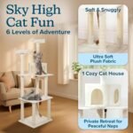 Cat Tree - 6-Foot Cat Tower for Indoor Cats with Napping Perches, Kitty Condo, 9 Cat Scratching Posts, 2 Hanging Toys, and Rope by PETMAKER (Ivory) - Image 4