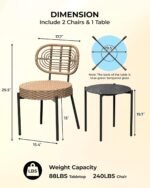 GarveeLife 3 Piece Wicker Patio Bistro Furniture Set, Outdoor Dining Chairs, Includes 2 Rattan Chairs and Tempered Glass Table, for Garden, Backyard, Balcony, Apartment (Black & Brown) - Image 4
