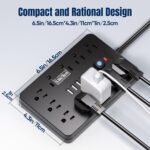 2PCS 6 FT Flat Plug Surge Protector Power Strip,11 Multiple AC Outlets with 6 USB Ports (2 USB C), 6 Feet Extension Cord, 1250W/10A, One Touch Switch Button, 17 in 1 Compact powerstrip - Image 5