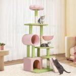 YITAHOME Tall Flower Cat Tree Tower with Detachable Perch, 65in Cute Cat Climbing Tower for Indoor Cats with Cat Condo, Basket, Tunnel, Sisal Scratching Posts and Board, Pink and Green - Image 5