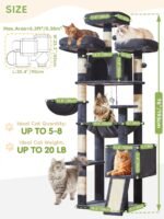 Taoqimiao 76-Inch Cat Tree XXL for Large Cats, Giant Cat Tower with Scratching Board, Extra-Large Metal Hammock, 3 Perches, 7 Sisal Posts, 2 Big Condos, Hanging Basket, Smoky Gray, MS047G - Image 7
