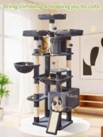 Taoqimiao 76-Inch Cat Tree XXL for Large Cats, Giant Cat Tower with Scratching Board, Extra-Large Metal Hammock, 3 Perches, 7 Sisal Posts, 2 Big Condos, Hanging Basket, Smoky Gray, MS047G - Image 9