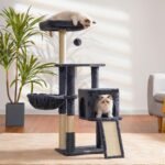 Heybly Cat Tree with Cat Self Groomer Brush, Cat Tower Condo for Indoor Cats with Padded Plush Perch, Cat House with Basket Scratching Board Post, Smoky Gray HCT005SG - Image 3