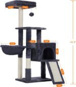 Heybly Cat Tree with Cat Self Groomer Brush, Cat Tower Condo for Indoor Cats with Padded Plush Perch, Cat House with Basket Scratching Board Post, Smoky Gray HCT005SG - Image 4