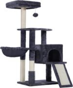 Heybly Cat Tree with Cat Self Groomer Brush, Cat Tower Condo for Indoor Cats with Padded Plush Perch, Cat House with Basket Scratching Board Post, Smoky Gray HCT005SG - Image 8