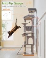 Taoqimiao 72 Inches Cat Tree for Large Cats, Multi-Level Tall Cat Tower, Widened Cat Condo with Large Scratch Board, 5 Scratching Posts, Metal Hammcock, Cozy Basket, Light Gray, MS045W - Image 6