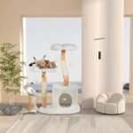 Cute Cat Tree Tower for Indoor Cats Adult, Wood Flower Cat Trees with 6 Pompoms, Modern Cat Tree Tower with Scratching Post, Aesthetic Luxury Cat Condo for Cats Kitten, Alpine White - Image 3