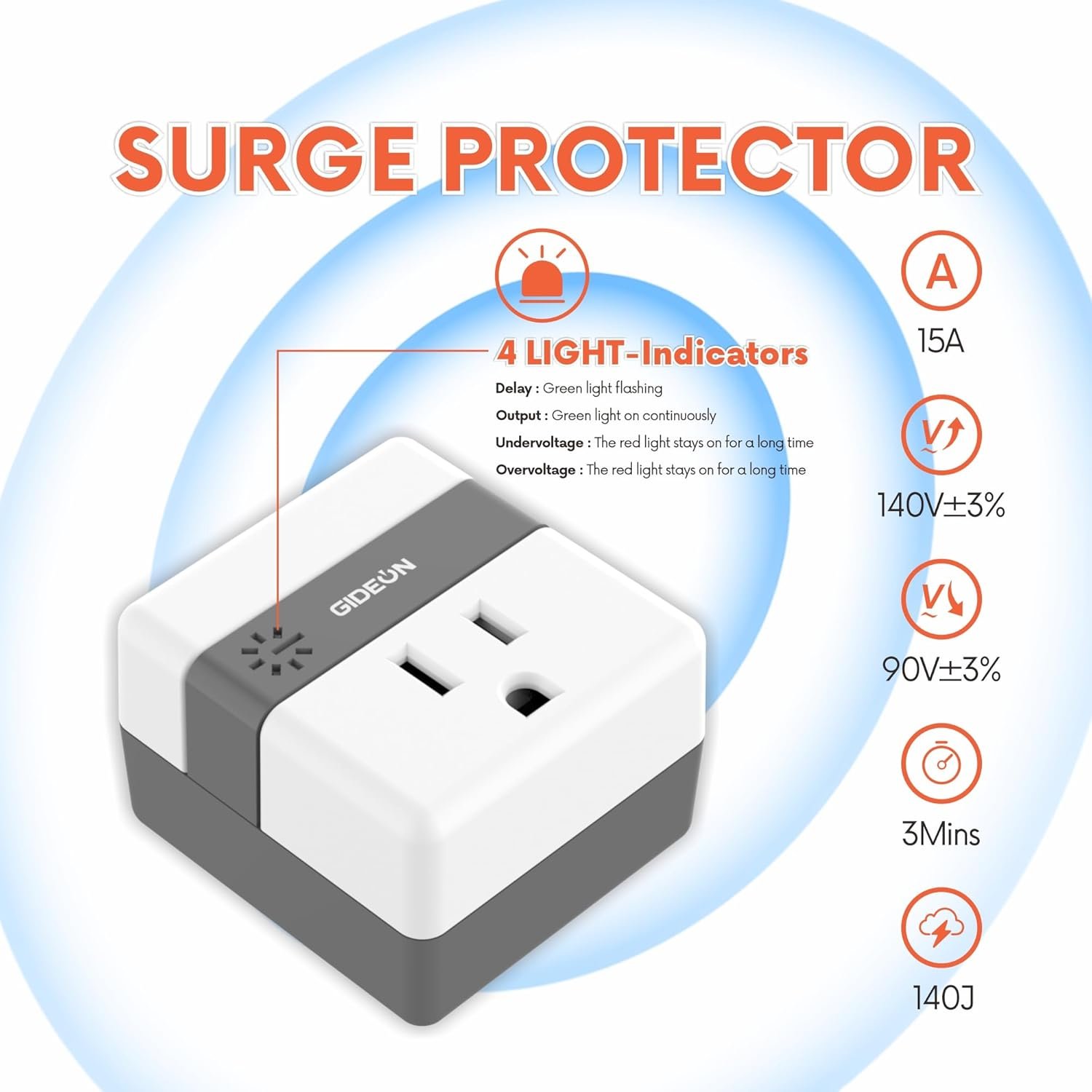 GIDEON Single Outlet Surge Protector with Voltage Protection and Ground Protected Light Indicators, 1800W Mini Wall Socket Smart Plug for Refrigerator, TV, PC and Home Appliances, 15A 120V - Image 3