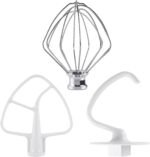 3-Piece Kit Attachments for KitchenAid Tilt-Head Stand Mixer, Accessories Stainless Steel K45WW Wire Whip, K45DH Dough Hook and K45B Coated Flat Blade Paddle with Scraper - Image 2