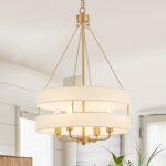 4-Light Rustic Drum Chandelier for Foyer, Gold Pendant Light Fixture with Fabric Shade, Modern Farmhouse Chandelier for Dining Room Entryway Bedroom - Image 2