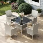 5-Piece Patio Dining Set, Patio Furniture Set with Square Tempered Glass Table & 4 Wicker Chairs, Expandable Design for Larger Groups, Outdoor Furniture for Backyard, Deck, Garden, Beige - Image 2
