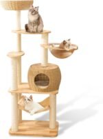 59" Big Modern Cat Tree Tower, Cat Tower Sisal-Covered Scratching Posts for Indoor Cats, Oak Wood Cat Tree for Large Cats, Multi-Level Cat Condo with Space Capsule Nest, Cat Furniture Activity Centre - Image 2