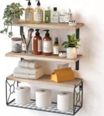 Amada Bathroom Shelves Over Toilet with Storage Basket, Floating Wall Shelf for Home Organization & Wall Decor, Bathroom/Kitchen/Living Room Shelves–Natural Wood - Image 2