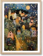 HesenDot Natural OAK Wood Frame Wall Art,12x16in Gustav Klimt Style Moon Stars Tree Canvas Print Posters Art,Village Night Wall Decor for Living Room Bedroom Home, Set of 1 - Image 2
