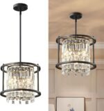 LMQNINE Modern Foyer Chandelier, Black Crystal Chandelier Entryway Pendant Light Fixture, Round Adjustable Height Chandeliers for Kitchen Island, L11.81'' x H7.87'' - Image 2