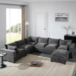Merax Modern Oversized U-Shaped Sectional Sofa with Piollows & Chaise Lounge, Chenille 7-Seat Couch Set Sleeper Bed with Storage Ottoman for Living Room Gray - Image 2