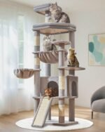 Taoqimiao 72 Inches Cat Tree for Large Cats, Multi-Level Tall Cat Tower, Widened Cat Condo with Large Scratch Board, 5 Scratching Posts, Metal Hammcock, Cozy Basket, Light Gray, MS045W - Image 2