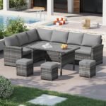 U-MAX 7 Pieces Patio Furniture Set, Outdoor Sectional Sofa Conversation Set, All Weather Wicker Rattan Dining Table & Chair with Ottoman, Grey Rattan&Grey Cushion - Image 2