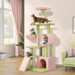YITAHOME Tall Flower Cat Tree Tower with Detachable Perch, 65in Cute Cat Climbing Tower for Indoor Cats with Cat Condo, Basket, Tunnel, Sisal Scratching Posts and Board, Pink and Green - Image 2