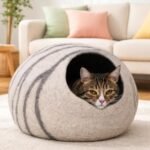 MEOWFIA Cat Cave – Premium Felt Cat Bed for Indoor Cats, Handmade Merino Wool (Light Grey, Medium) - Image 3