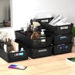 Simple Houseware Stackable Plastic Woven Basket Organizer, 6 Pack, 14.5" x 8.5" x 3.5", Black - Image 6