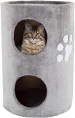 20.5-Inch Cat Condo - 2 Story Cat House with Sisal Scratch Pad, Barrel Shaped Pet House Covered in Soft Fabric by PETMAKER (Gray) - Image 2