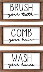 LIBWYS Bathroom Sign & Plaque (Set of 3) Wash Your Hands Brush Your Teeth Comb Your Hair Decorative Rustic Wood Farmhouse Bathroom Wall Decor (White) - Image 2