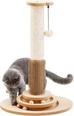 Made4Pets Cat Scratching Post, 23" Tall Sisal Cat Scratcher Post with Self Groomer, 4-in-1 Interactive Trackball Toys with Hair Brush, Vertical Cat Climbing Tree with Dangling Plush Balls - Image 2